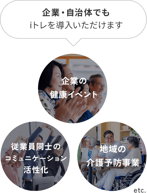 企業・自治体でもiトレを導入いただけます 企業の健康イベント 従業員同士のコミュニケーション活性化 地域の介護予防事業 etc.