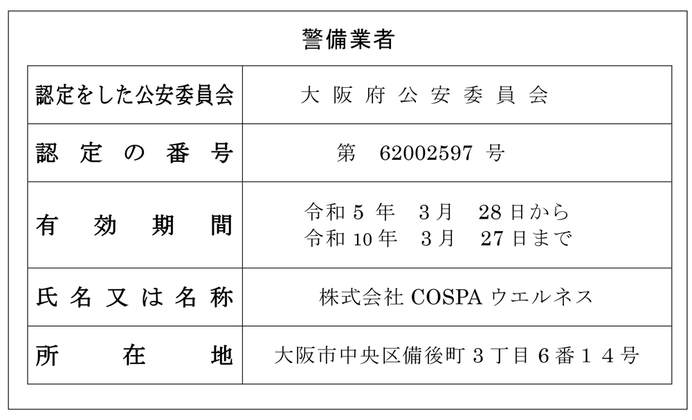 COSPAウエルネス　警備業者標識