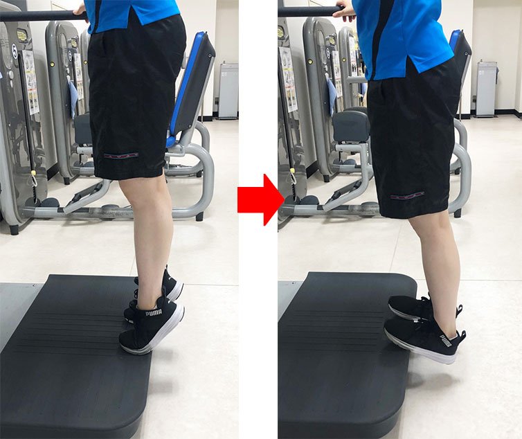 かかと上げ下げ運動。脚を腰幅程度に開きます。(手すりを持ったり、壁に手を添えて支えながらでもOK)。両かかとを持ち上げて下ろします。